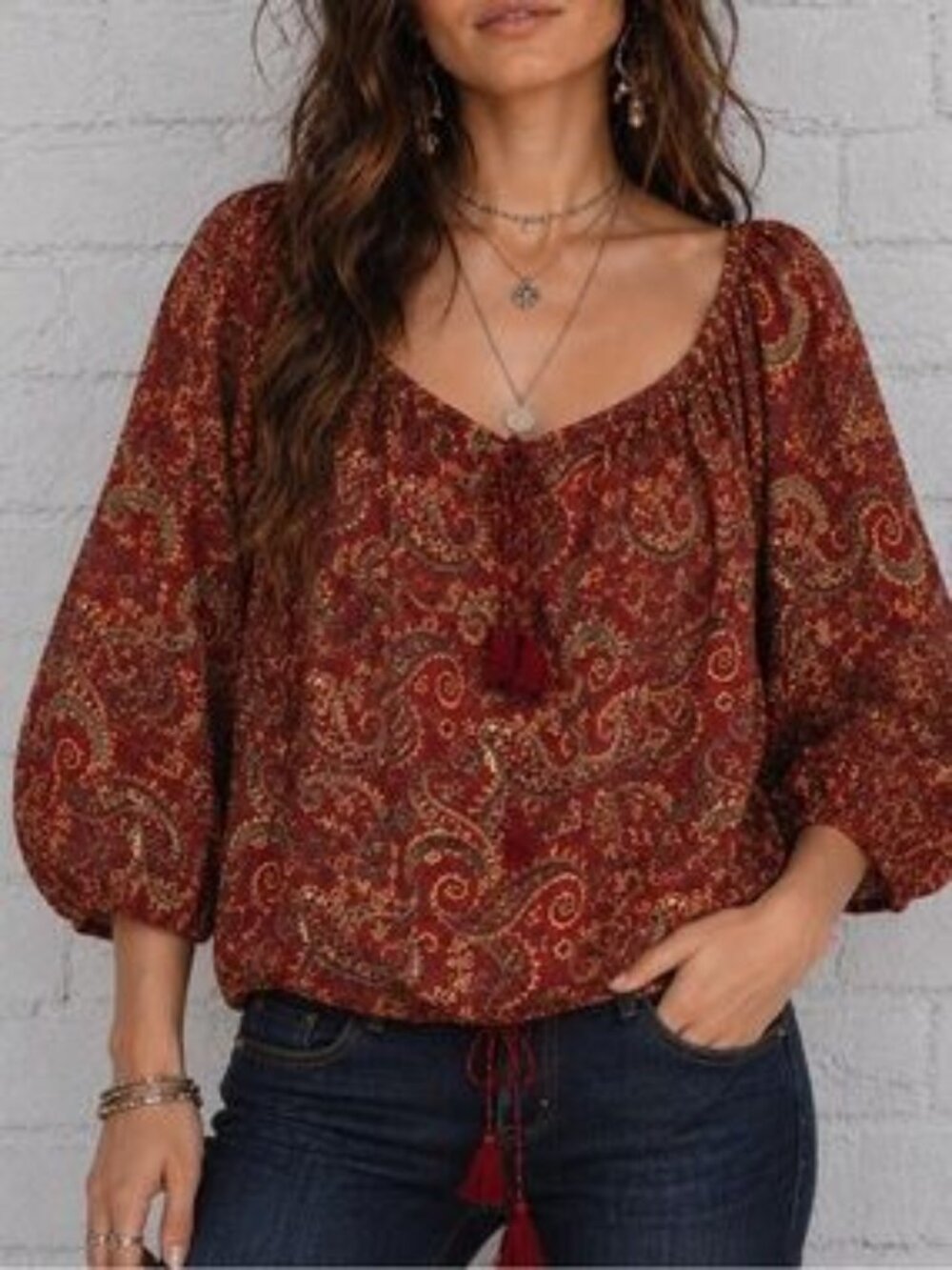 Ralph Lauren Denim & Supply Red Paisley Boho Tassel Tie Blouse Top